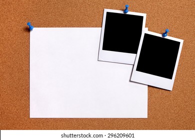 Two Photo Prints, Plain Paper Poster, Pushpin, Cork Background.  