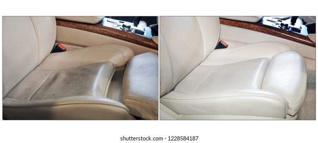 Two Photos In One: A Dirty White Car Seat And Clean The Seat After The Car Wash