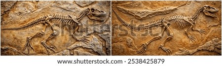 Two pictures of a dinosaur skeleton on a rock. The first picture is of a dinosaur with its head up and the second picture is of a dinosaur with its head down