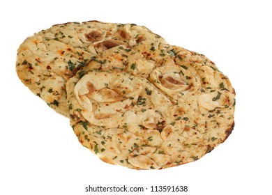 Two Pieces Of Garlic And Chillii Naan Bread On A White Background