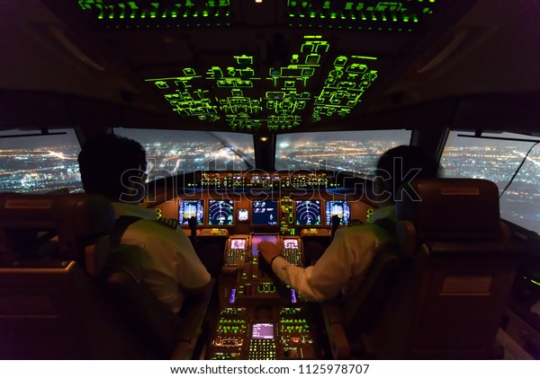 Two pilots are flying the airplane in approach
phase to the runway in night time while raining. Cityscape and
airport are seen outside cockpit. Pilots and airplane instruments
are inside cockpit.