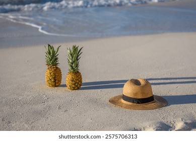 Two pineapples and a hat on white beach sand