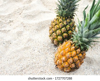 Two pineapples placed on a sandy beach