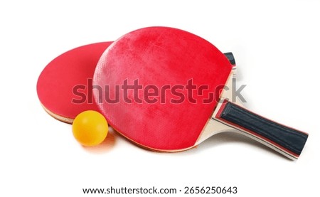 Two ping pong racket with orange ball, isolated on white background, sport	