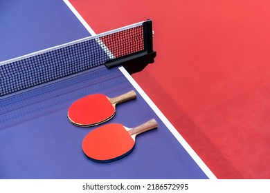 Two pingpong table tennis rackets for playing are laid on next to net on the blue table. This is one of ping pong sports equipment for players.