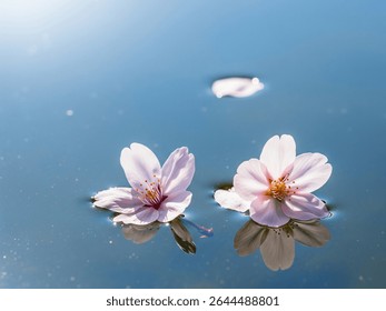 Two pink cherry blossoms float on the surface of blue water, with one other petal in the distance. Clear reflections of the flowers are visible.
