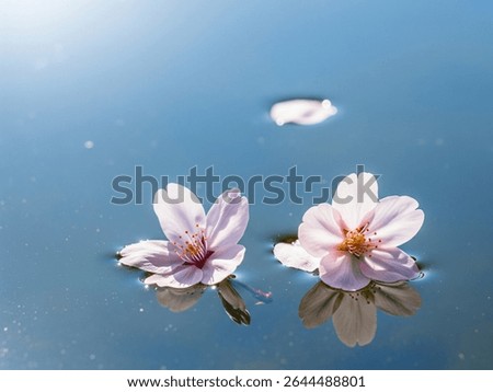 Two pink cherry blossoms float on the surface of blue water, with one other petal in the distance. Clear reflections of the flowers are visible.
