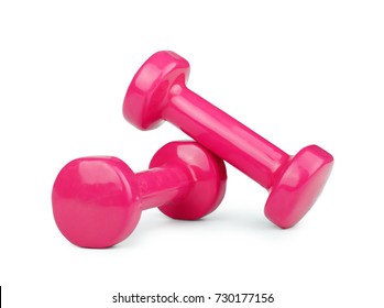 Two pink dumbbells isolated on white background - Shutterstock ID 730177156