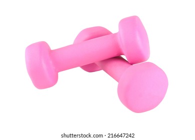 Two pink glossy dumbbell isolated on white - Shutterstock ID 216647242