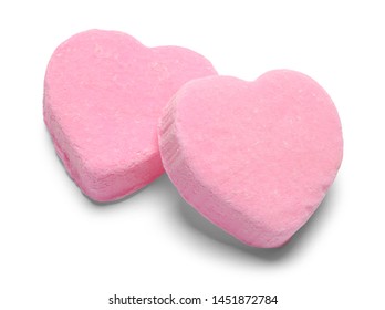 Two Pink Valentines Candy Hearts Isolated on White.