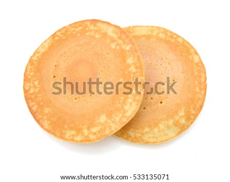 Two of plain pancakes on a white background.