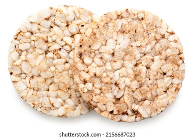 Two Plain Puffed Brown Rice Cakes Isolated On White. Top View.