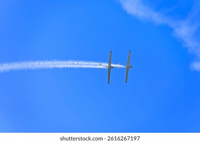 two planes synchronously flying during an aerial performance on the beatiful semi clear blue summer sky