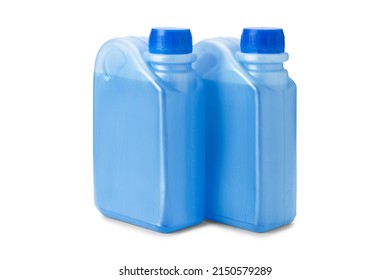 Two plastic bottles with blue antifreeze or coolant water isolated on white background. Canisters of non-freezing liquid, mock up, copy space. - Shutterstock ID 2150579289