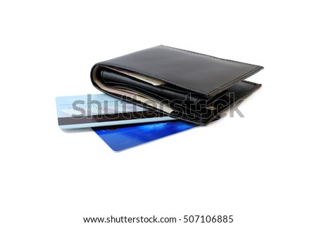 Two plastic cards under black purse on white background.