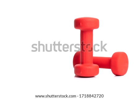 Two plastic coated dumbells for fitness isolated on white background with copyspace