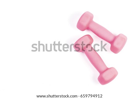 Two plastic coated dumbells isolated on white. Top view.