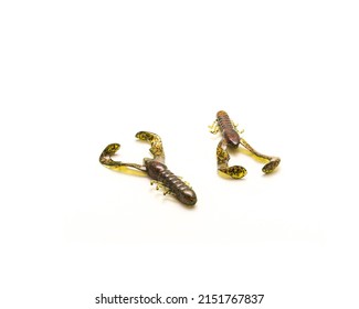 Two Plastic Crawfish Lures In Watermelon With Red Flake Color For Flipping And Pitching Bait Bass Fishing Isolated On White Background. Compact Craw Swims And Flails To Simulate Crawdad Or Baitfish