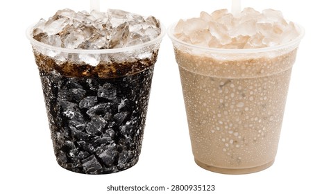 Two plastic cups filled with iced cola and iced coffee with milk