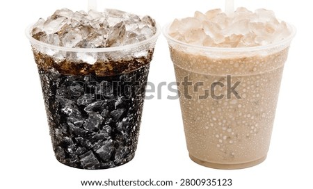 Two plastic cups filled with iced cola and iced coffee with milk
