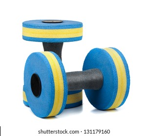 Two plastic dumbbells for water aerobics isolated on white
