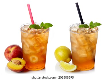 Two plastic glasses of ice tea