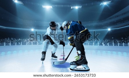 Two players in full gear preparing for face-off as the puck is about to drop, on 3D ice rink. Concept of professional sports coverage, sportsmanship and sports preparation
