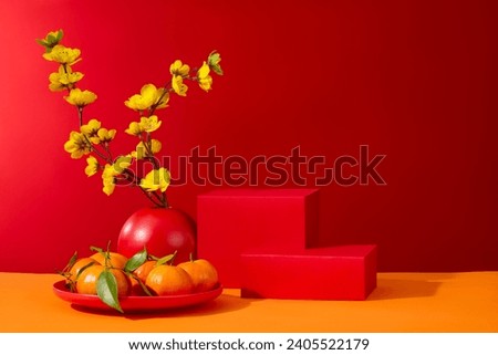 Two podiums with vacant space decorated with a flower pot and a dish of tangerines. Minimal scene with geometric podium platform