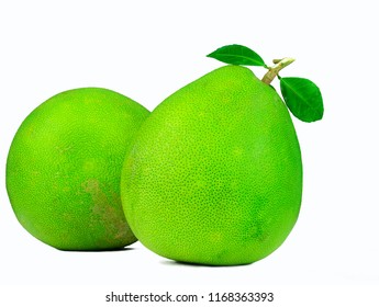 Two Pomelo With Leaves Isolated On White Background. Tropical Fruit. Natural Source Of Vitamin C And Potassium. Healthy Food For Slow Down Aging. Food Drug Interactions. Citrus Fruit.  Green Fruit.