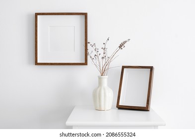 Two Portrait And Square Wooden Frames Mockup With Copy Space For Artwork, Photo Or Print Presentation. Minimalist Interior Design.