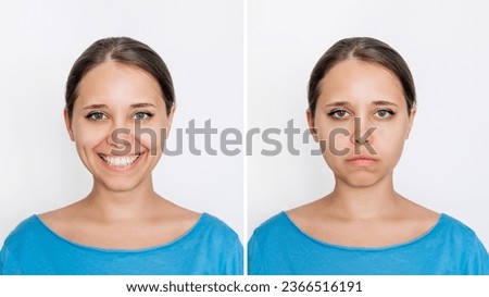 Two portraits of a young caucasian attractive woman in blue t-shirt: cheerful and sad isolated on a white background. Before and after. A smile affects appearance. Negative and positive emotions