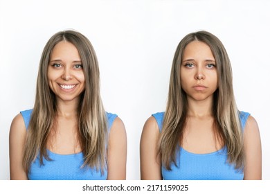 Two portraits of a young caucasian tanned attractive blonde woman: cheerful and sad isolated on a white background. Before and after. A smile affects appearance. Negative and positive emotions - Shutterstock ID 2171159025