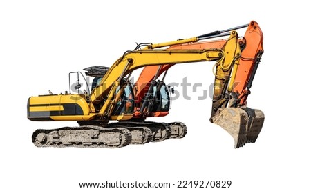 Two powerful crawler excavators isolated on white background. Powerful excavator with an extended bucket close-up. Construction equipment for earthworks. element for design