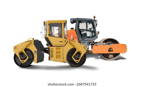 Two powerful road rollers designed for compacting surfaces on construction sites, demonstrating their robust design and functionality.