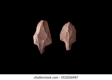 Two Precious Paleolithic Quartzite Arrows In Perfect Condition On A Black Background