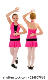 Two Preteen Girls In Pink Costume Posing In Jazz Dance Style Duet