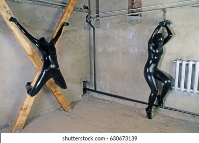 Two Pretty Bdsm Fetish Slavegirls Wearing Black Latex Zentai Costumes And Tied