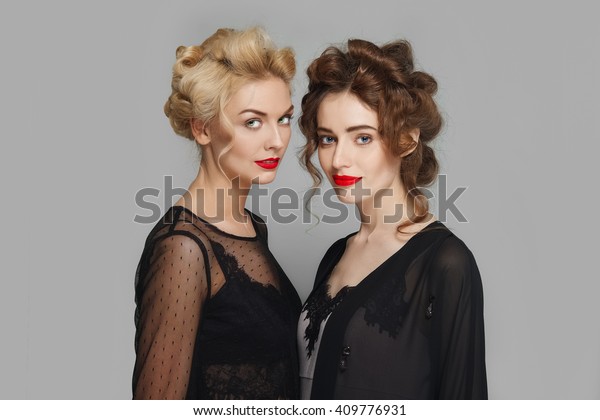 Two Pretty Girls Curly Hair Flirting Stock Photo Edit Now 409776931
