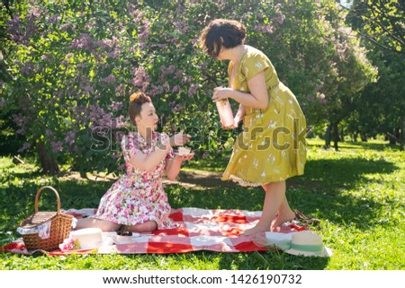 two pretty pin up ladies having nice picnic in the city park in a sunny day together. girls friends enjoy hot summer weather. beautiful females in retro vintage style are relaxing on the grass.