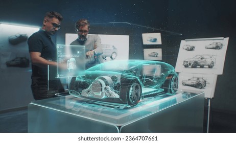 Two professional automotive engineers choose body of new eco-friendly electric car using futuristic augmented reality hologram. 3D computer graphics of vehicle high-tech developing. VFX animation. - Powered by Shutterstock