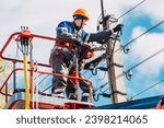 Two professional electricians in hard hats are repairing power lines from cradle of bucket truck. View from below. Electricians change cables on street lighting poles.