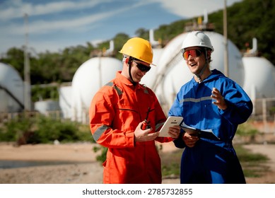 two professional engineer, worker, technician Chemical and gas storage safety inspection concept. Two industrial engineers checking quality and operations at chemical storage tanks. safety, engineer,