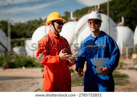 two professional engineer, worker, technician Chemical and gas storage safety inspection concept. Two industrial engineers checking quality and operations at chemical storage tanks. safety, engineer,