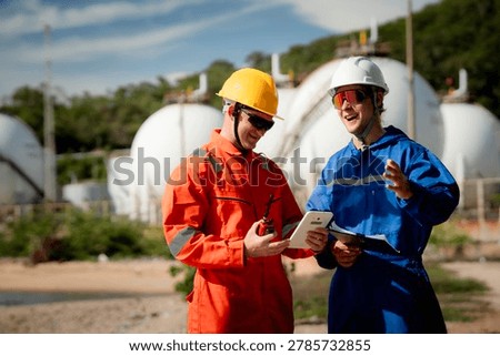 two professional engineer, worker, technician Chemical and gas storage safety inspection concept. Two industrial engineers checking quality and operations at chemical storage tanks. safety, engineer,