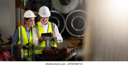 Two professional engineer worker working control sheet metal roof tile roll forming machine at metal sheet profiling factory. Industrial production. Teamwork