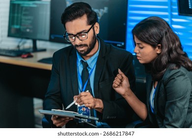 Two professionals analyze and discuss programming code displayed on screen in modern tech workspace. Capturing a collaborative environment focused on software development, debugging, and teamwork
