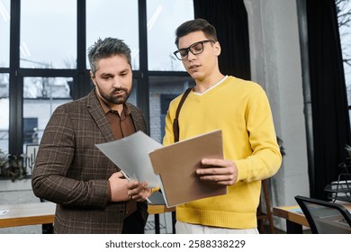 Two professionals discuss essential documents in a vibrant office on the first day of work.