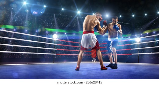 Two professionl boxers are fighting on the grand arena panorama view - Powered by Shutterstock