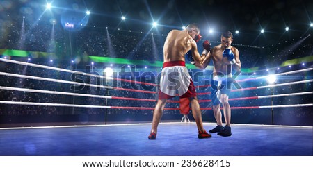 Two professionl boxers are fighting on the grand arena panorama view