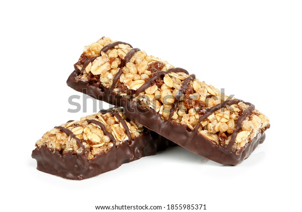 two protein\
bars with chocolate isolated on\
white
